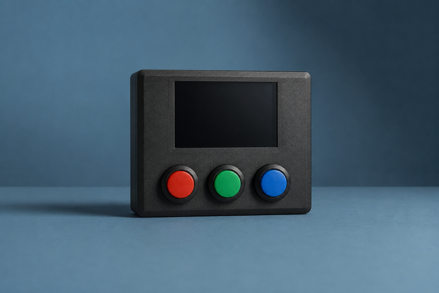 Nevuro prototype with a dark screen and three red, green, and blue buttons